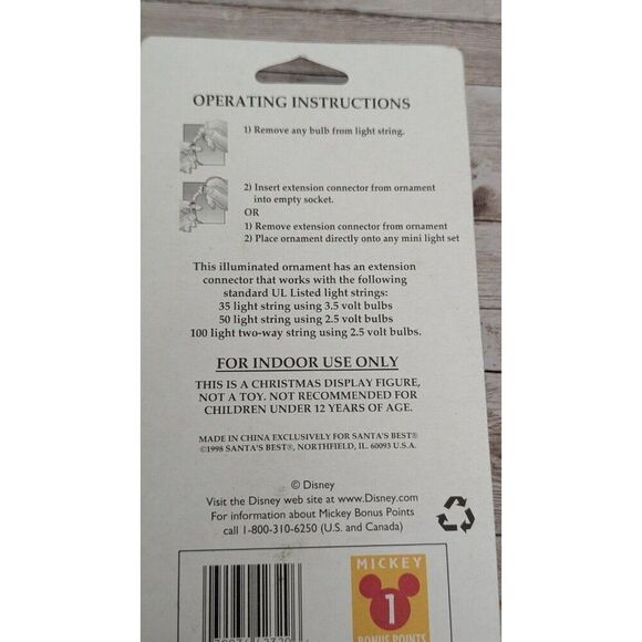 Mickey Mouse Illuminated Ornament 1998 Santa's Best EZ Light Set of 2 Christmas - Picture 9 of 9